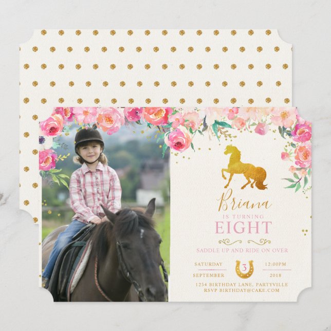 Gold Horse with Flowers Photo Birthday Invitation (Front/Back)