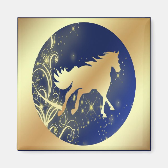 Gold Horse With Gold Accents On Blue and Gold Magnet (Front)