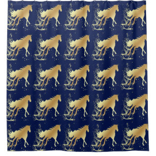 Gold Horse With Gold Accents On Blue Decor Shower Curtain