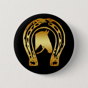 GOLD HORSESHOE AND HORSE HEAD 6 CM ROUND BADGE