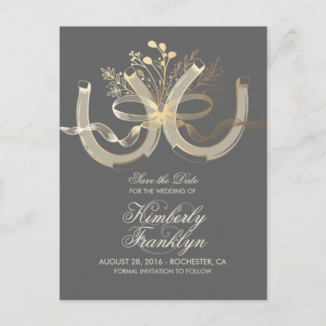 Gold Horseshoes Rustic Country Save the Date Announcement Postcard (Front)