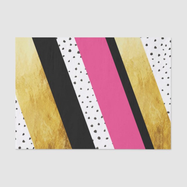 Gold Hot Pink Black White Dots Stripes Tissue Tissue Paper (Front)