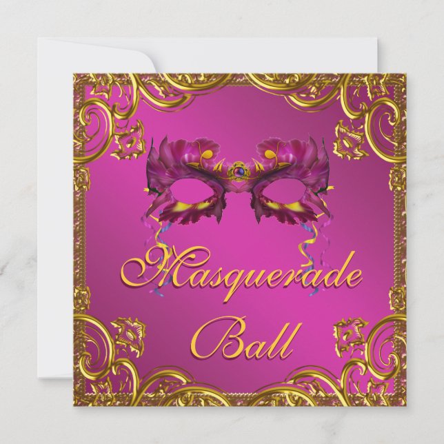 Gold Hot Pink Mask Masquerade Ball Party Invitation (Front)