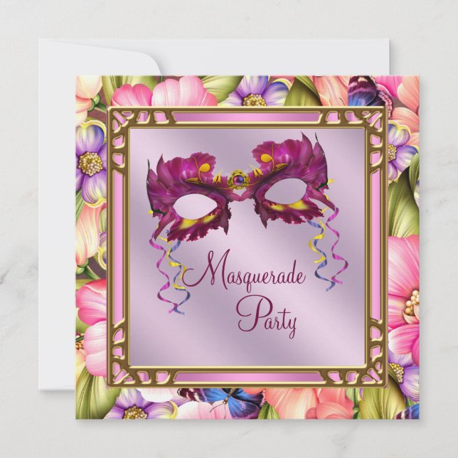 Gold Hot Pink Pink Purple Mask Masquerade Party Invitation (Front)