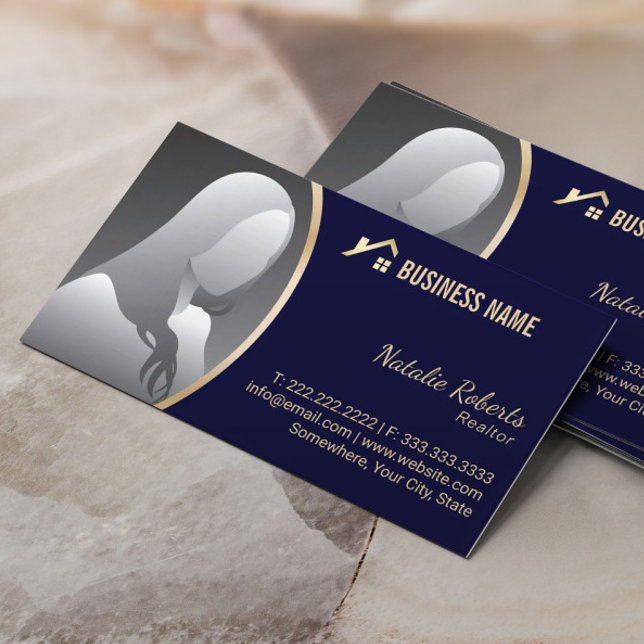 Gold House Logo Real Estate Realtor Navy Photo Business Card (Creator Uploaded)