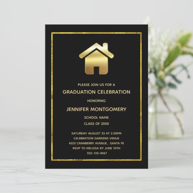 Gold House Symbol Real Estate Design Graduation Invitation (Standing Front)