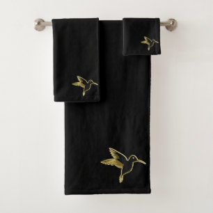 Gold Hummingbird with wings stretched out (bl) Bath Towel Set