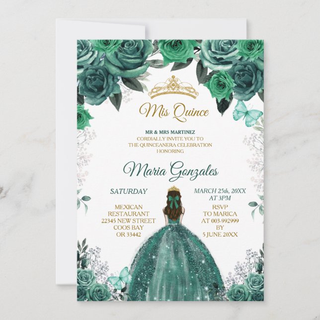 Gold & Hunter Emerald Green Mis Quince Invitation (Front)