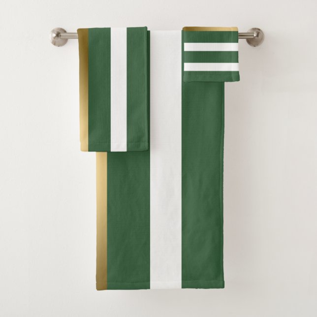 Gold Hunter-Green And White Stripes Bath Towel Set (Insitu)