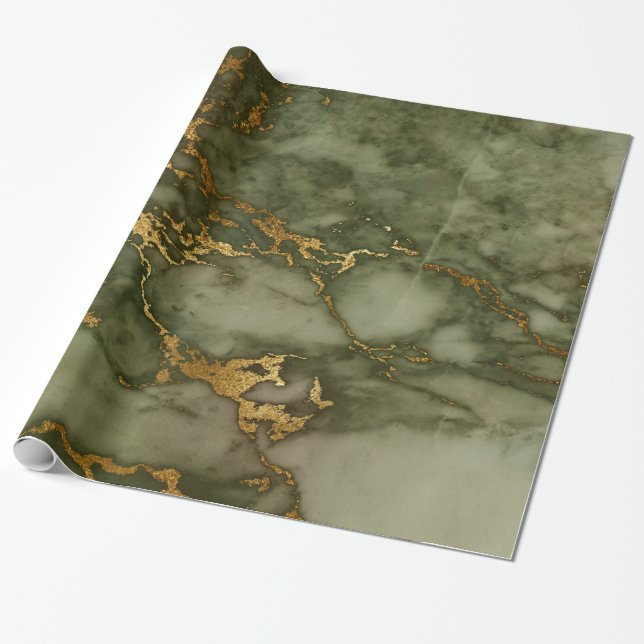 Gold Hunter Green Marble Fluid Metallic Wrapping Paper (Unrolled)