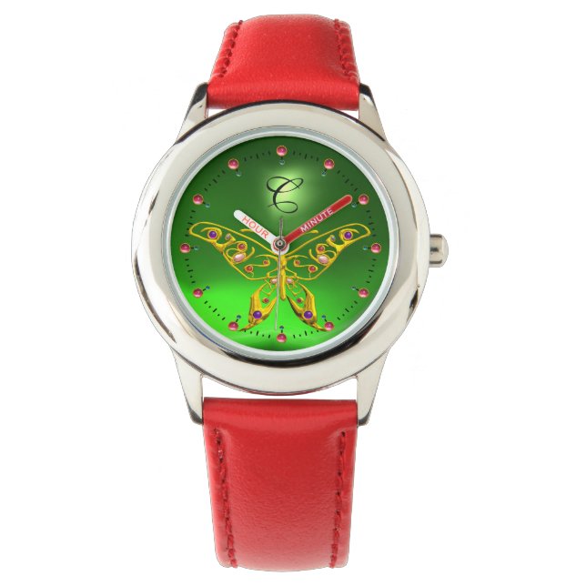 GOLD HYPER BUTTERFLY Emerald Green Monogram Watch (Front)