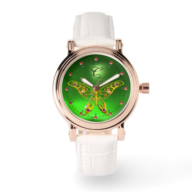 GOLD HYPER BUTTERFLY Emerald Green Monogram Watch (Front)