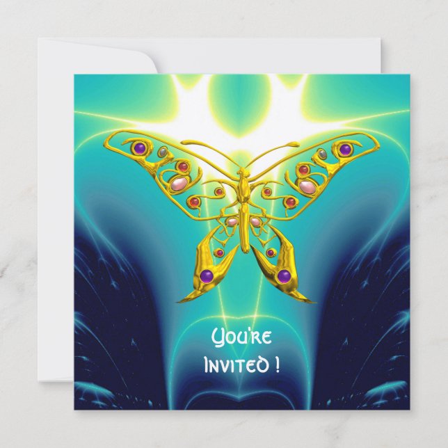 GOLD HYPER BUTTERFLY,Gems,Teal Blue Fractal Waves Invitation (Front)