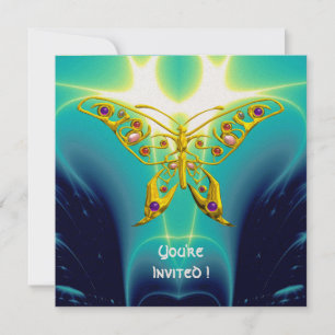 GOLD HYPER BUTTERFLY,Gems,Teal Blue Fractal Waves Invitation