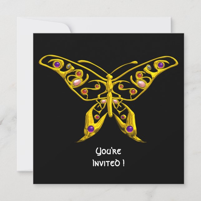 GOLD HYPER BUTTERFLY,GEMSTONES Black Wedding Invitation (Front)