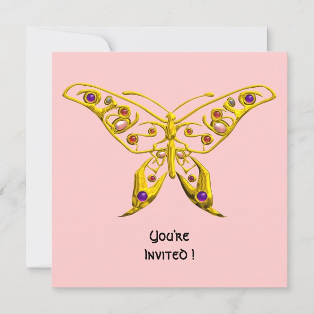 GOLD HYPER BUTTERFLY,GEMSTONES Pink Wedding Invite (Front)
