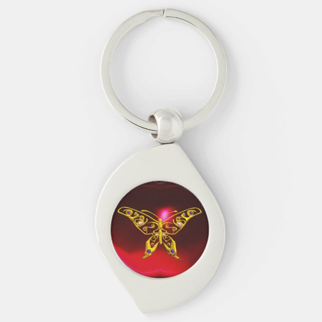GOLD HYPER BUTTERFLY JEWEL Red Burgundy Ruby Key Ring (Front)