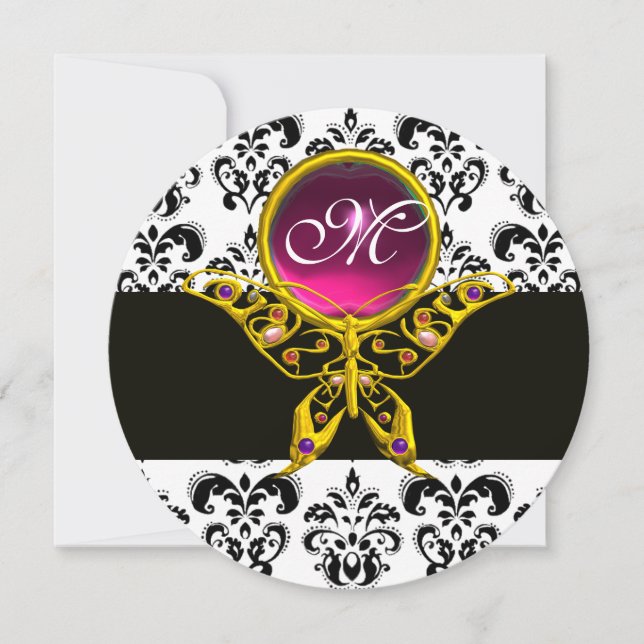 GOLD HYPER BUTTERFLY MONOGRAM,Black White Damask Invitation (Front)