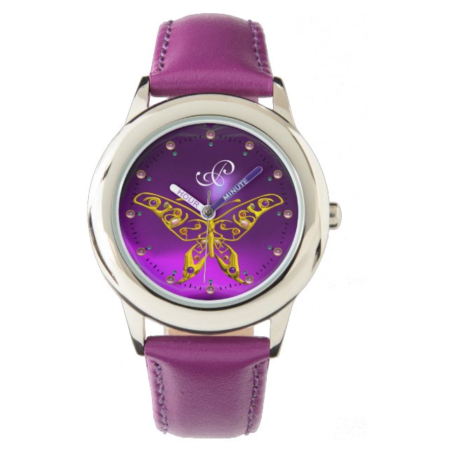 GOLD HYPER BUTTERFLY Purple Amethyst Monogram Watch (Front)