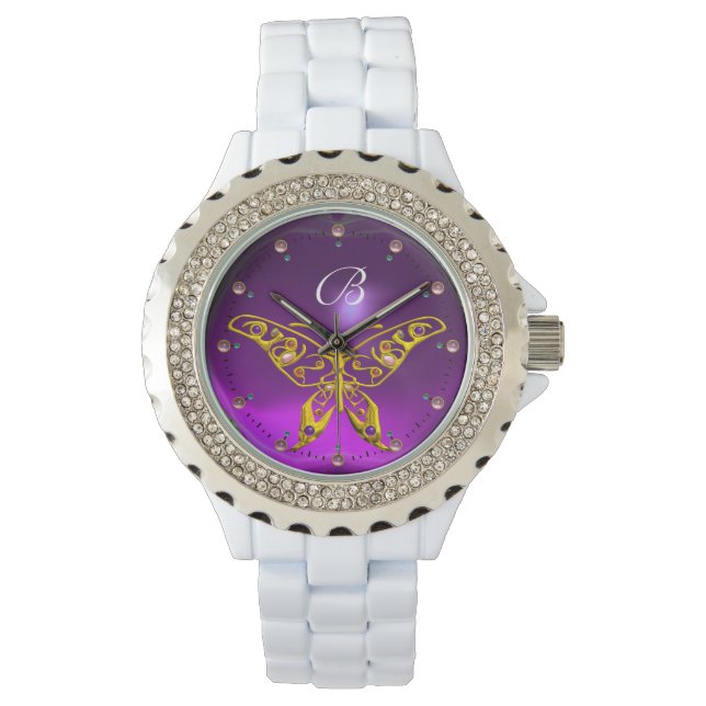 GOLD HYPER BUTTERFLY Purple Amethyst Monogram Watch (Front)