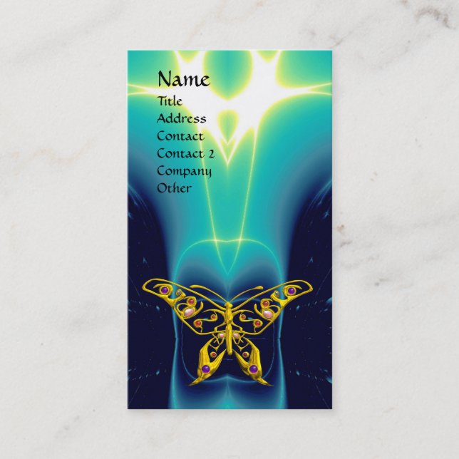 GOLD HYPER BUTTERFLY,TEAL AQUA BLUE LIGHT WAVES, BUSINESS CARD (Front)