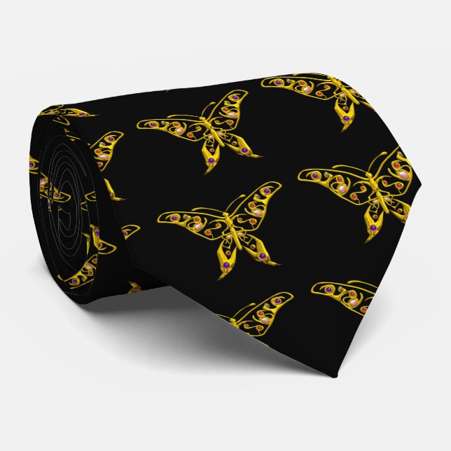 GOLD HYPER BUTTERFLY WITH GEMSTONES,Black Tie (Rolled)