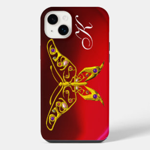 GOLD HYPER BUTTERFLY WITH GEMSTONES, RED BURGUNDY iPhone 14 PLUS CASE