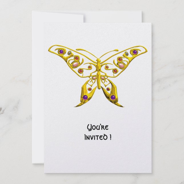 GOLD HYPER BUTTERFLY WITH GEMSTONES White Invitation (Front)