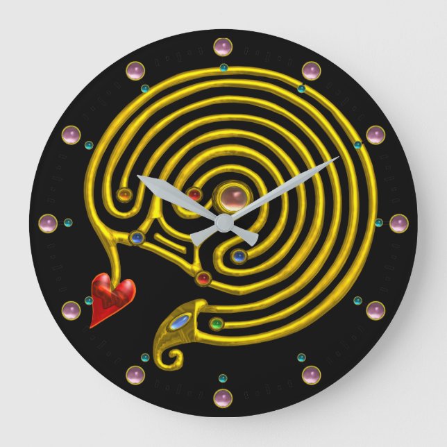 GOLD HYPER LABYRINTH PINK GEMSTONES Black Yellow Large Clock (Front)