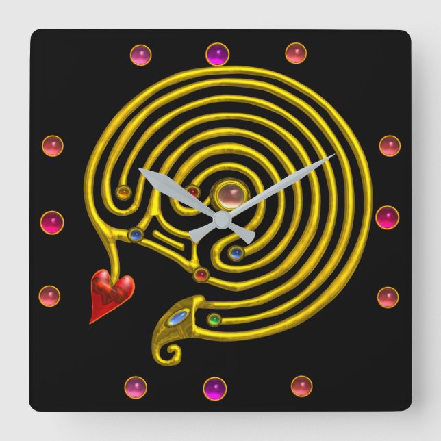 GOLD HYPER LABYRINTH PINK GEMSTONES Black Yellow Square Wall Clock (Front)