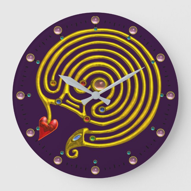 GOLD HYPER LABYRINTH PINK GEMSTONES Purple Yellow Large Clock (Front)