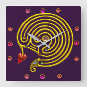 GOLD HYPER LABYRINTH PINK GEMSTONES Purple Yellow Square Wall Clock