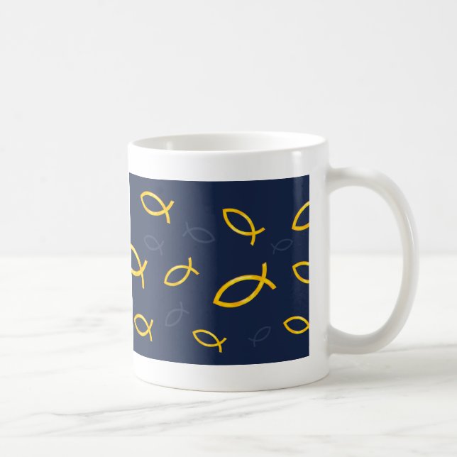 Gold Ichthus Pattern on Navy Blue Background Coffee Mug (Right)