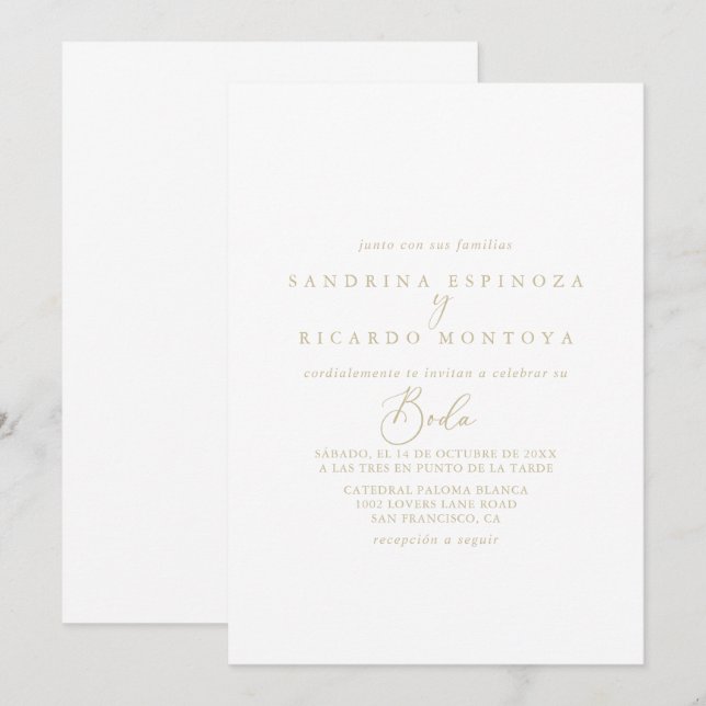 Gold Idyllic Calligraphy Spanish Wedding  Invitation (Front/Back)
