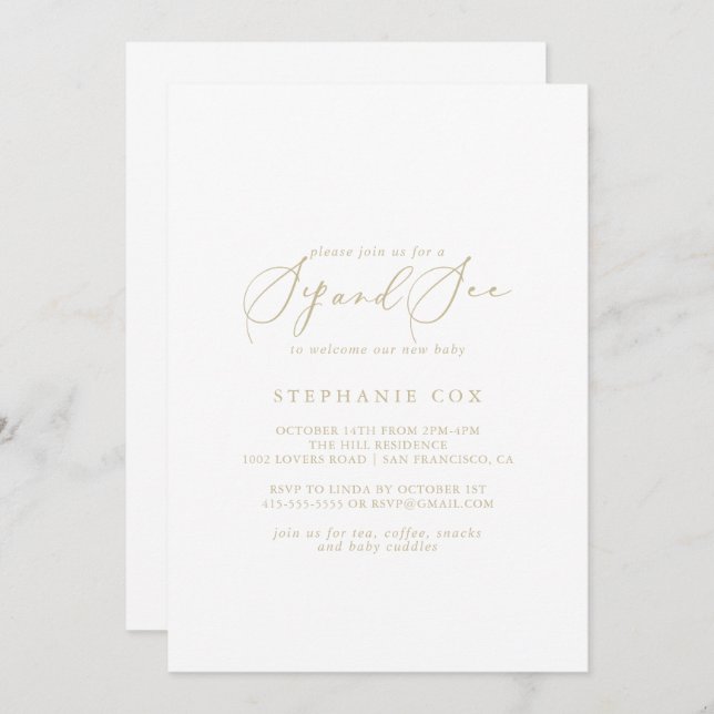 Gold Idyllic Stylish Calligraphy Sip and See  Invitation (Front/Back)