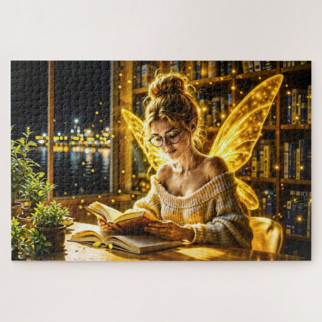 Gold illuminated elegant teen fairy golden art jigsaw puzzle (Horizontal)