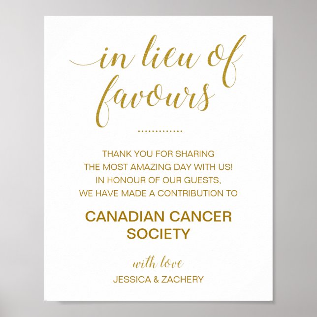 Gold In Lieu Of Favours Charity Donation Wedding Poster (Front)