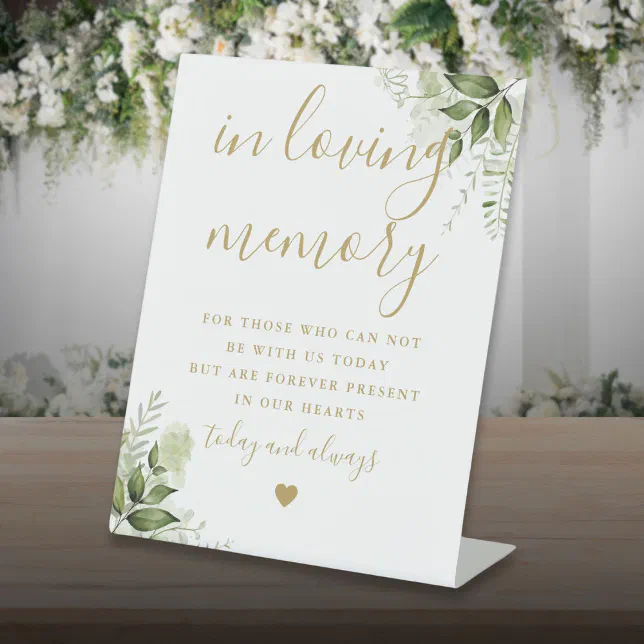 Gold Script In Loving Memory Gold In Loving Memory Memorial Greenery Wedding Pedestal Sign | Zazzle