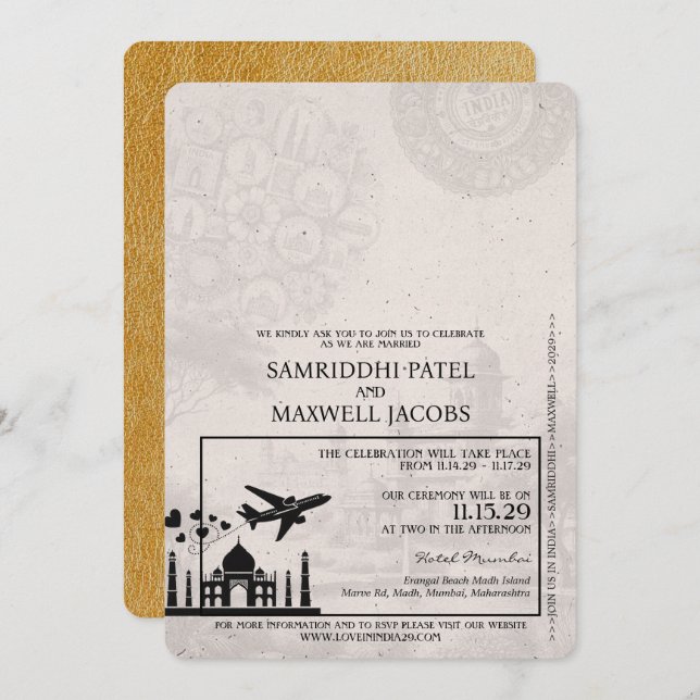 Gold India Passport Wedding Invitation (Front/Back)