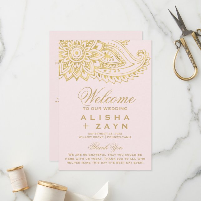 Gold Indian Paisley | Blush Pink Wedding Program (Front/Back In Situ)