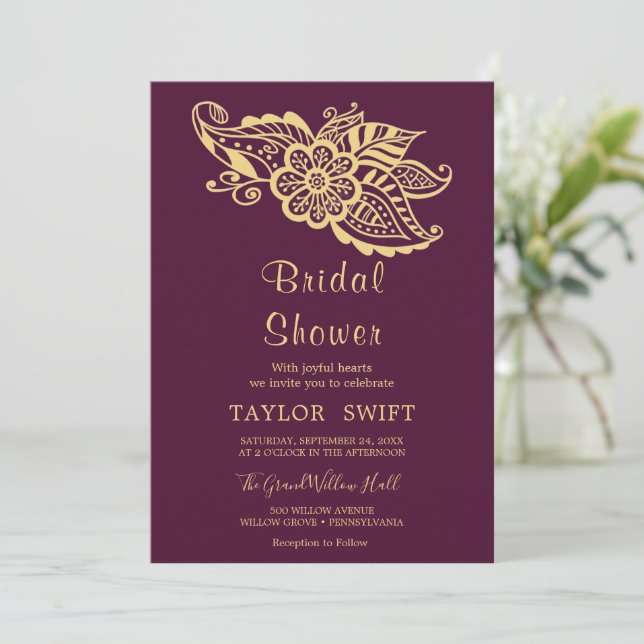 Gold Indian Paisley Bridal Shower Invitation (Standing Front)