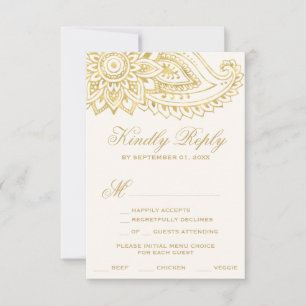 Gold Indian Paisley Menu Choice RSVP Card