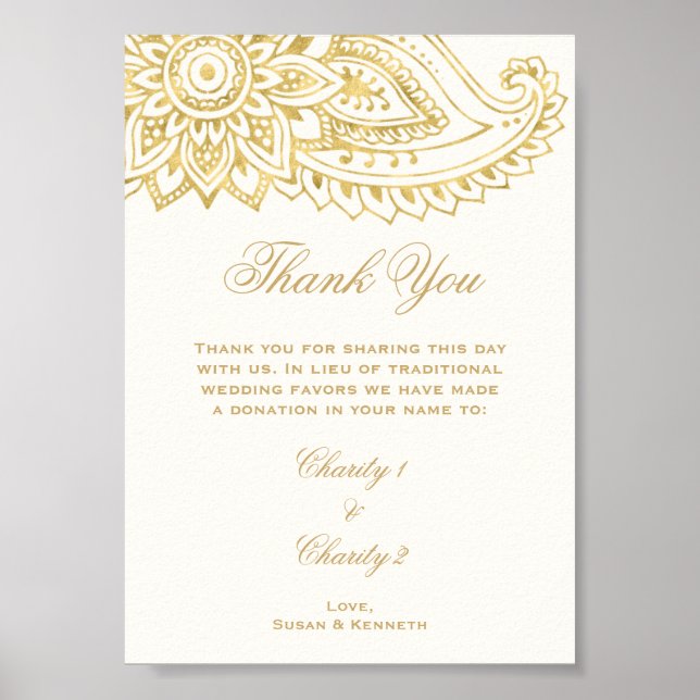 Gold Indian Paisley Wedding In Lieu of Favors Sign (Front)