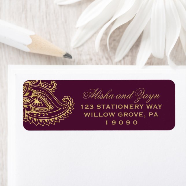 Gold Indian Paisley Wedding Return Address Label (Insitu)