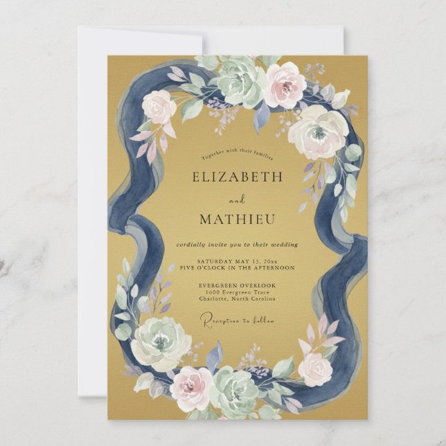 Gold Indigo Peony Wedding Invitation (Front)