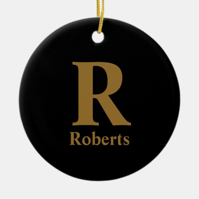 Gold Initial/First/Family Name On Black Ceramic Ornament (Front)