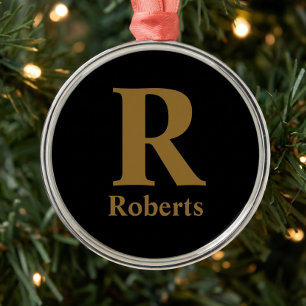 Gold Initial/First/Family Name On Black Metal Ornament