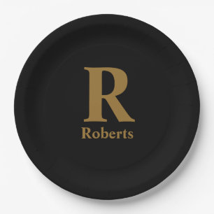 Gold Initial/First/Family Name On Black Paper Plate