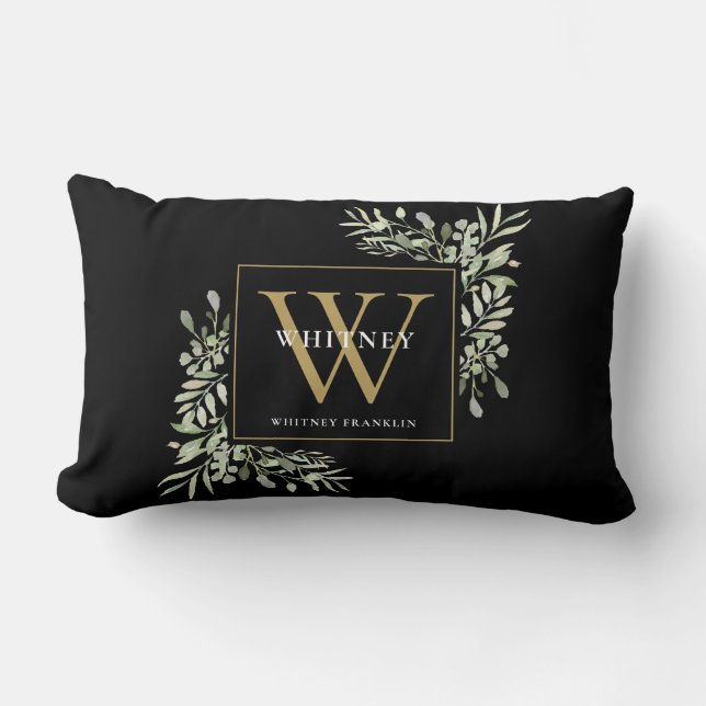 Gold Initial Monogram Modern Greenery Floral Black Lumbar Cushion (Front)