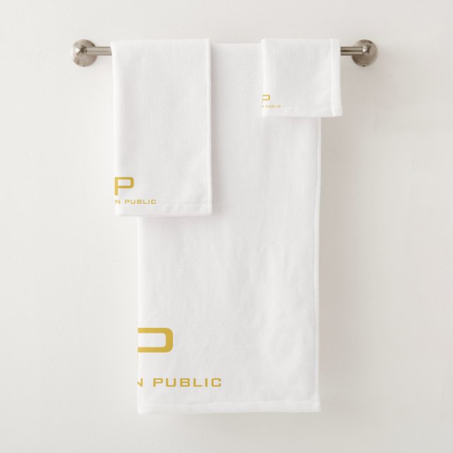 Gold Initial Monogram Name Template Trendy White Bath Towel Set (Insitu)